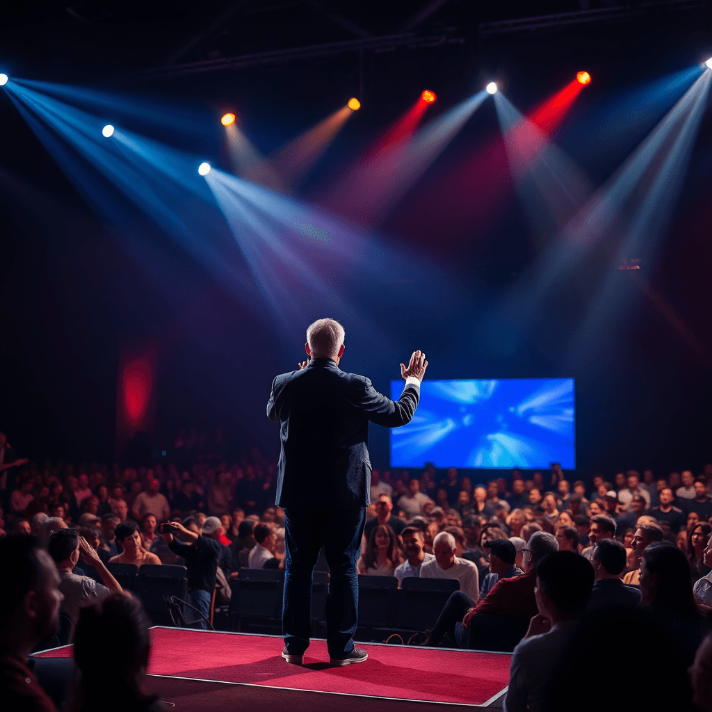 powerful worship moment with pastor preaching on stage with dramatic lighting and congregation in background
